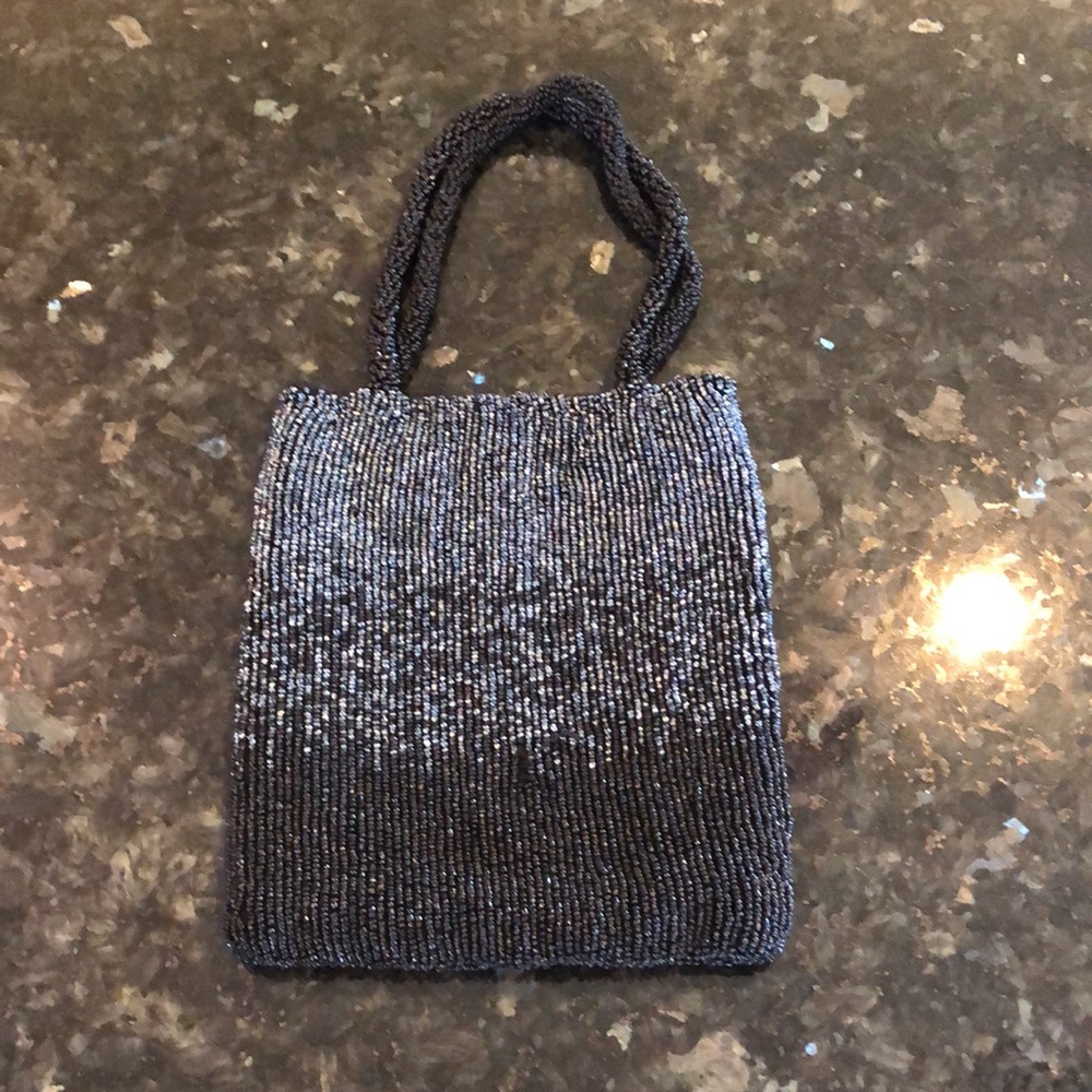 Cache Black & Silver Beaded Evening Bag 6”W & 7”L Silk Lined Magnetic Closure